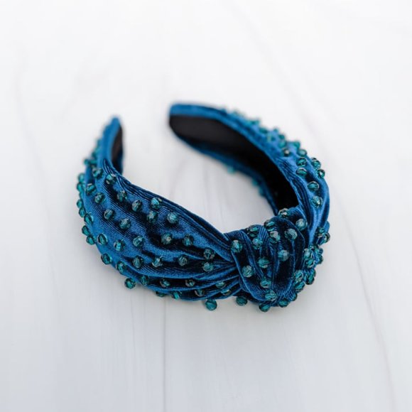 Deep Teal Beaded Knot Velvet Headband Teal Faceted Beads Handmade Knotted Winter main image 4
